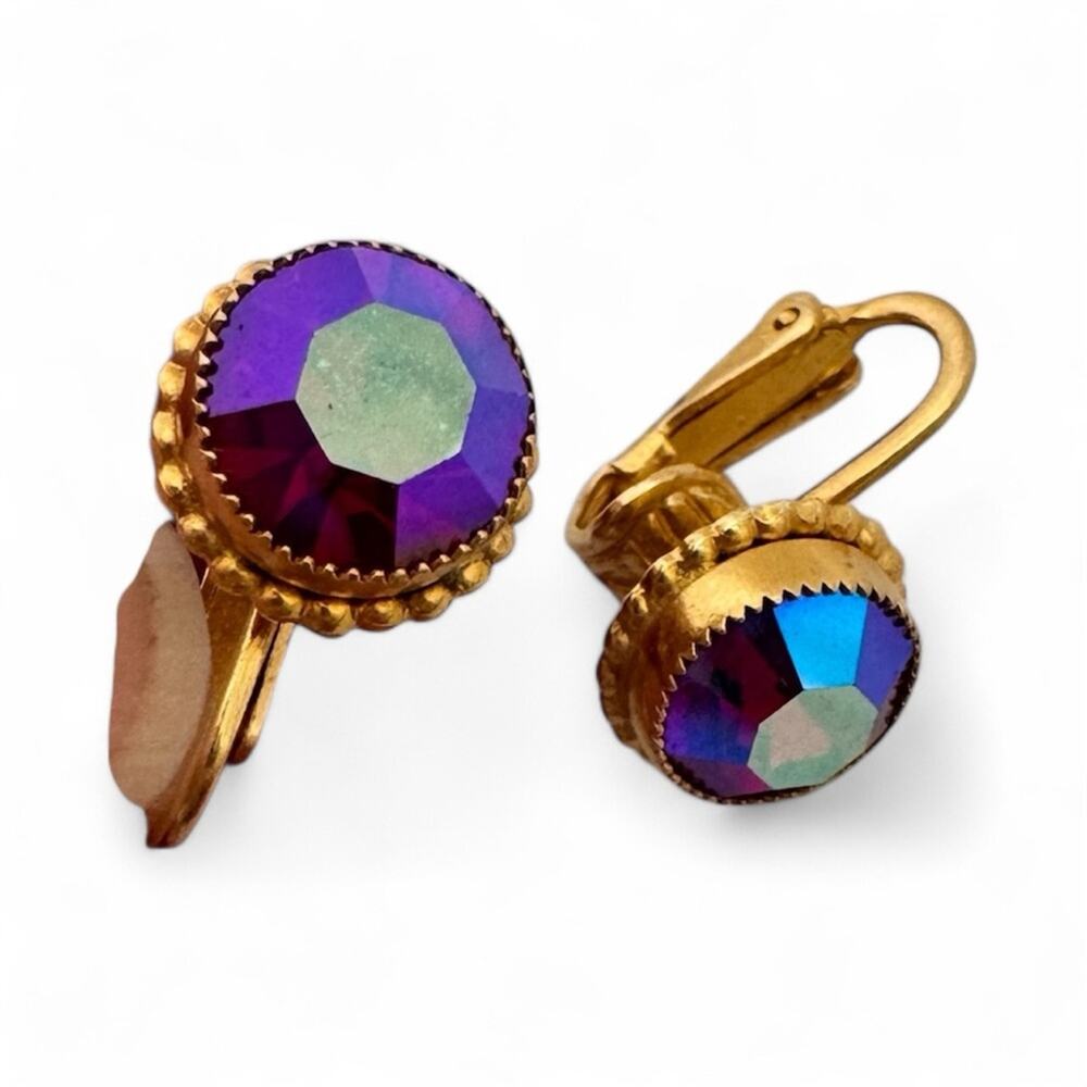 Vintage Aurora Borealis Crystal Gold Tone Clip On Earrings Womens Estate Jewelry